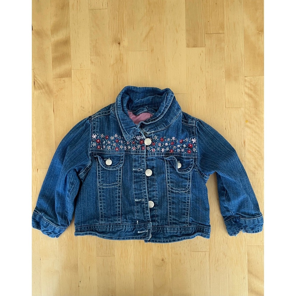 Wonderkids Girls Blue Denim Floral Embroidered Jacket 18 Months Pink Lined